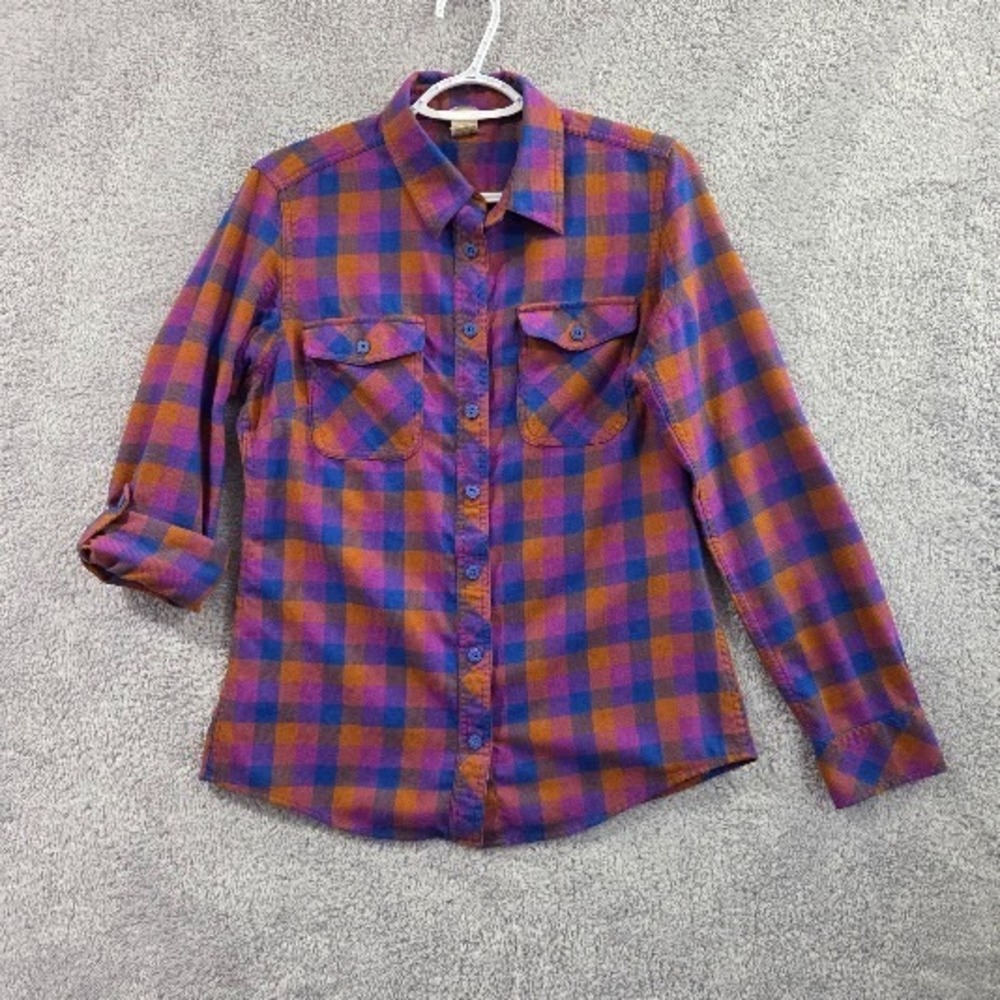 Duluth Free Swingin Flannel Top Women Small Plaid Roll Tab Sleeve Purple‎ Orange